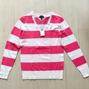 Tommy Hilfiger Pink and White Striped Light Weight Pima Cotton V-Neck Sweater